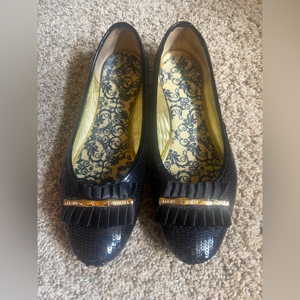 Elaine Turner Sequin Black Flats with Gold Detail